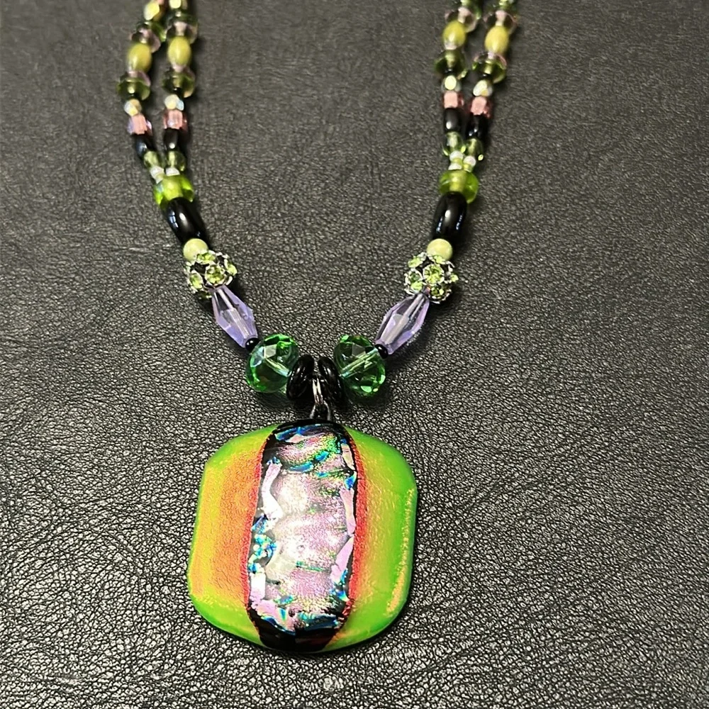 Dichroic Glass Pendant & Glass Beads Shepherd Hook Necklace